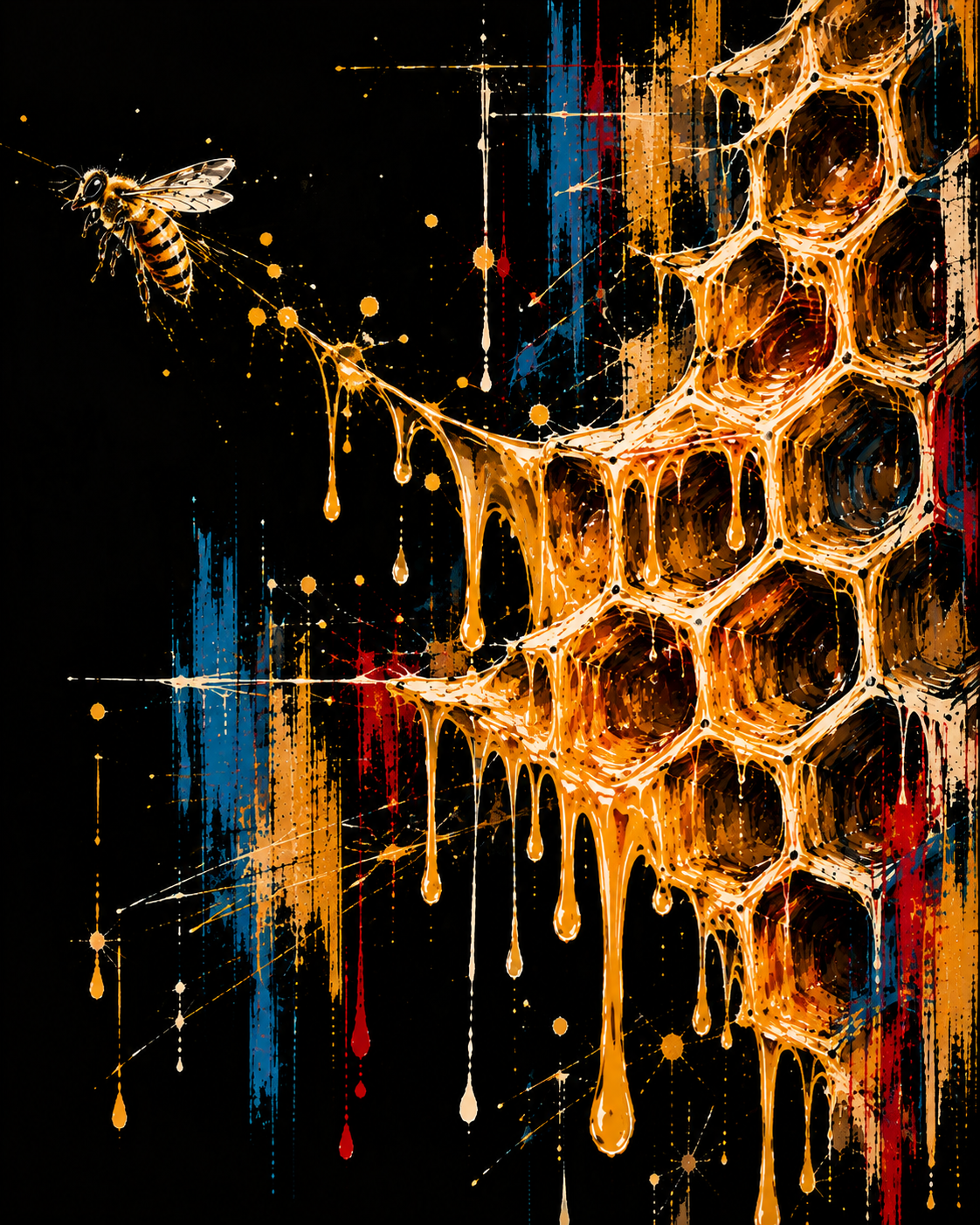 Golden worker bee flying away from dripping honeycomb with blue and red brushstrokes against black.