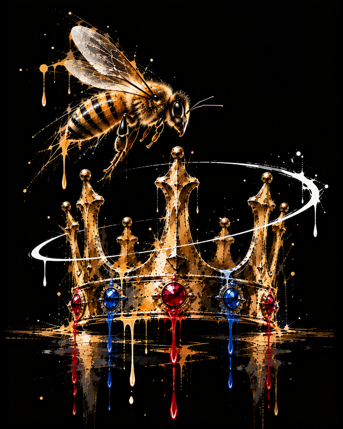 Golden bee hovering above a jeweled gold crown, with colorful paint drips and a white circular stroke.